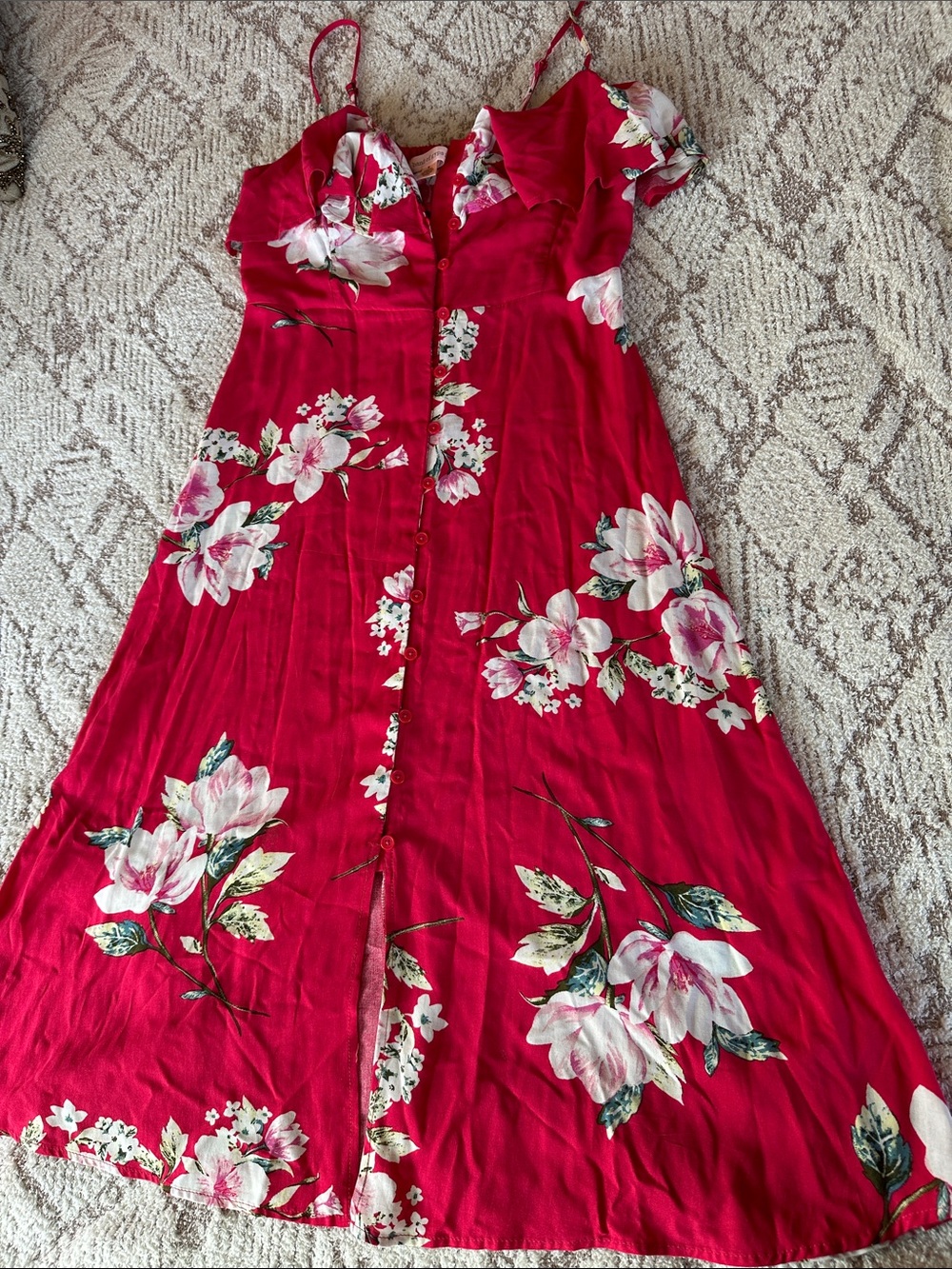 Band of Gypsies Red Floral Midi Dress Ruffle Button Front Romantic Cottagecore